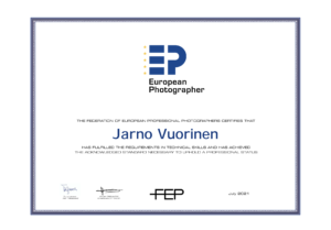 European Photographer sertificate of Jarno Vuorinen