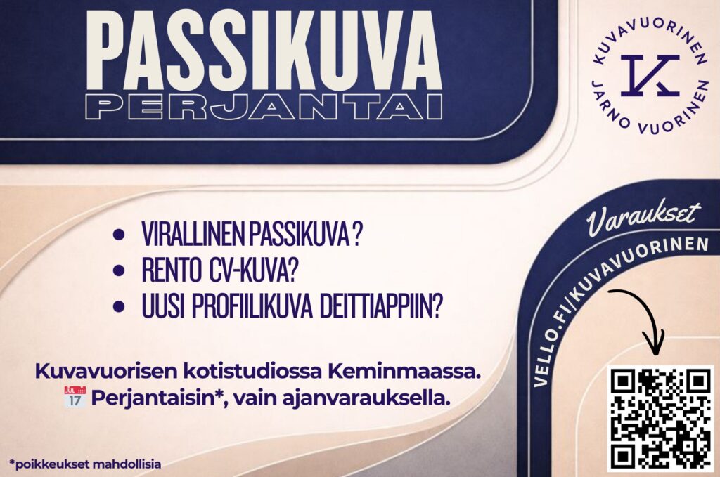 Perjantai on Kuvavuorisella Passikuvaperjantai! Tule hankkimaan virallinen passikuva, rento CV-kuva tai vaikka myyvä profiilikuva someen tai deittiäppiin! Passikuvaperjantain kuvaukset vain ajanvarauksella (vello.fi/kuvavuorinen)